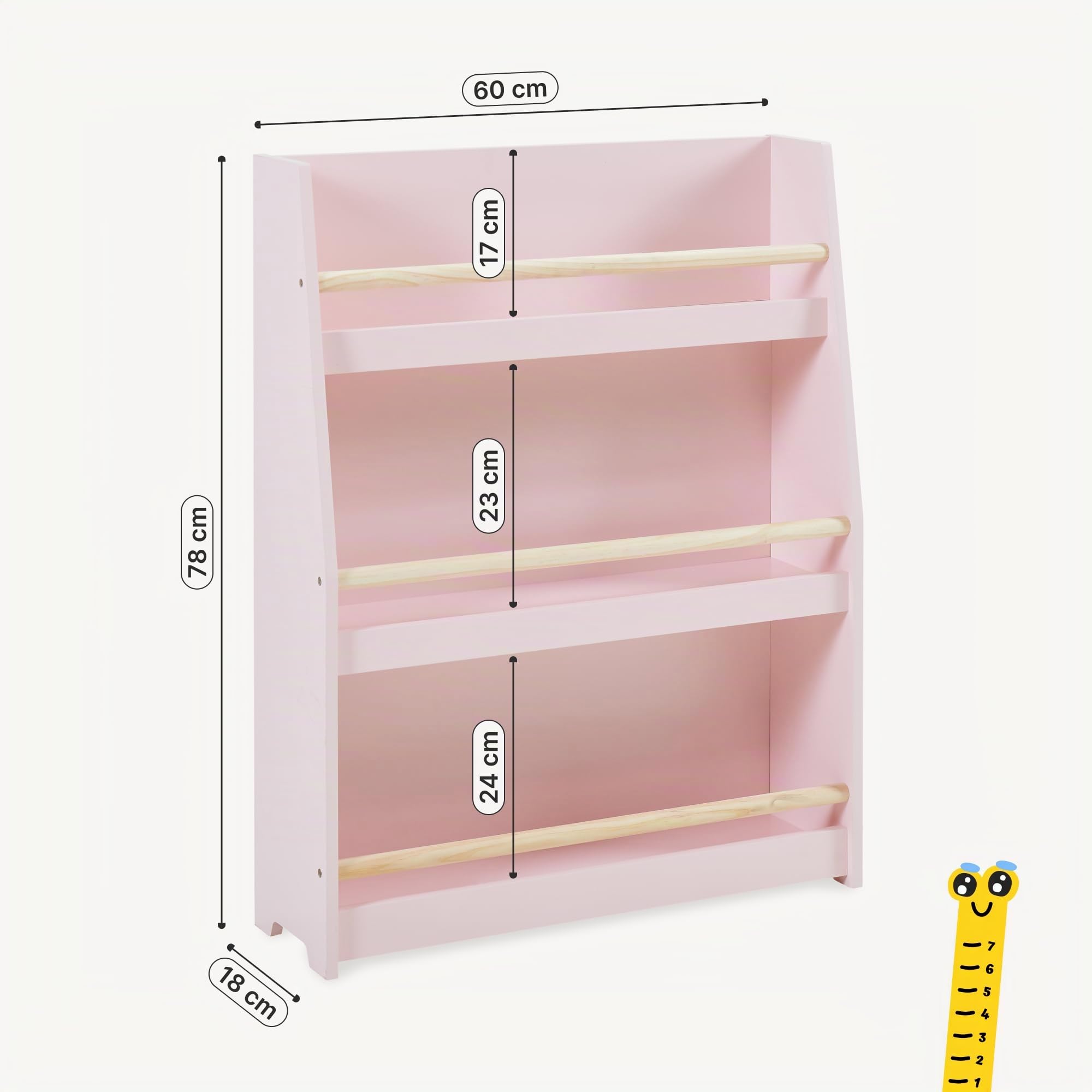 [en.casa] Kinder Bücherregal Virer Kinderregal mit 3 offenen Fächern Aufbewahrung Montessori Standregal 78 x 60 x 18 cm Kinderzimmeregal 3 Ebenen Rosa