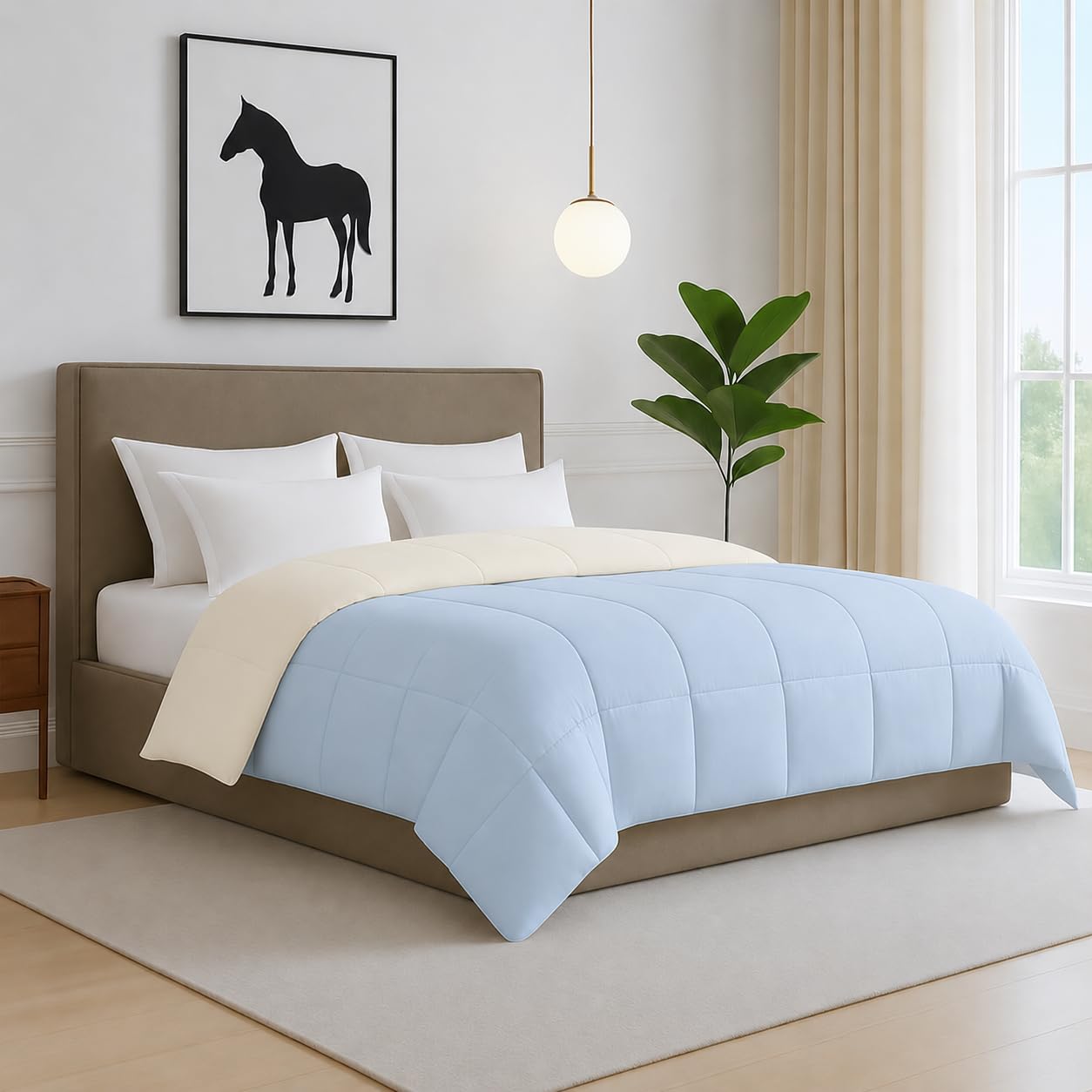 Single Lightweight 200 GSM Comforter, Light Blue & Ivory-image-0