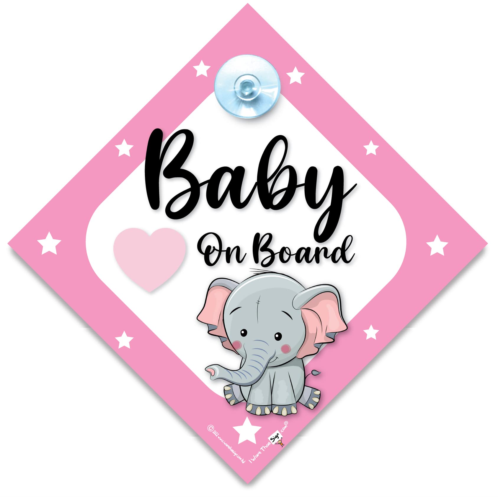 Pink Elephant Baby On Board Sign, Pink Baby Elephant Car Sign, Child on Board Sign with Suction Cup Attachment, 14cm x 14cm