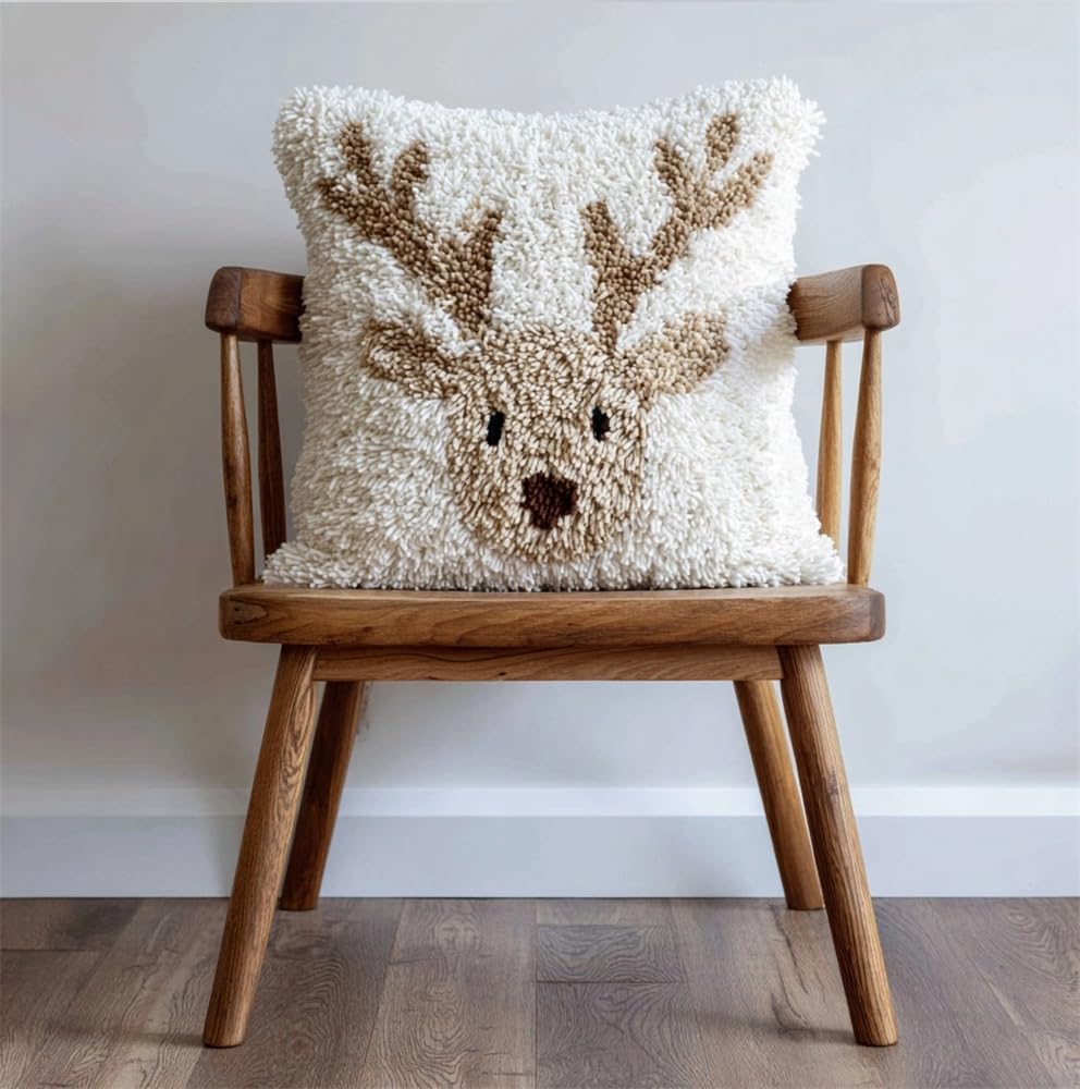 kitphoenix Latch Hook Kit Unfinished Cushion Cover with Printed Canvas White Fallow Deer Pillowcase Sewing Making Kits for Beginners Adults Embroidery Kits Home Decoration 17X17Inch