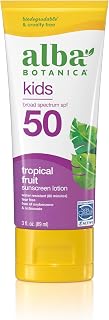 Alba Botanica Kids Sunscreen for Face and Body, Tropical Fruit Sunscreen Lotion for Kids, Broad Spectrum SPF 50, Water Resistant and Hypoallergenic, 3 fl. oz. Tube