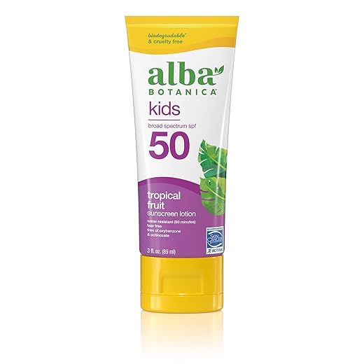 Alba Botanica Kids Sunscreen for Face and Body, Tropical Fruit Sunscreen Lotion for Kids, Broad Spectrum SPF 50, Water Resistant and Hypoallergenic, 3 fl. oz. Tube