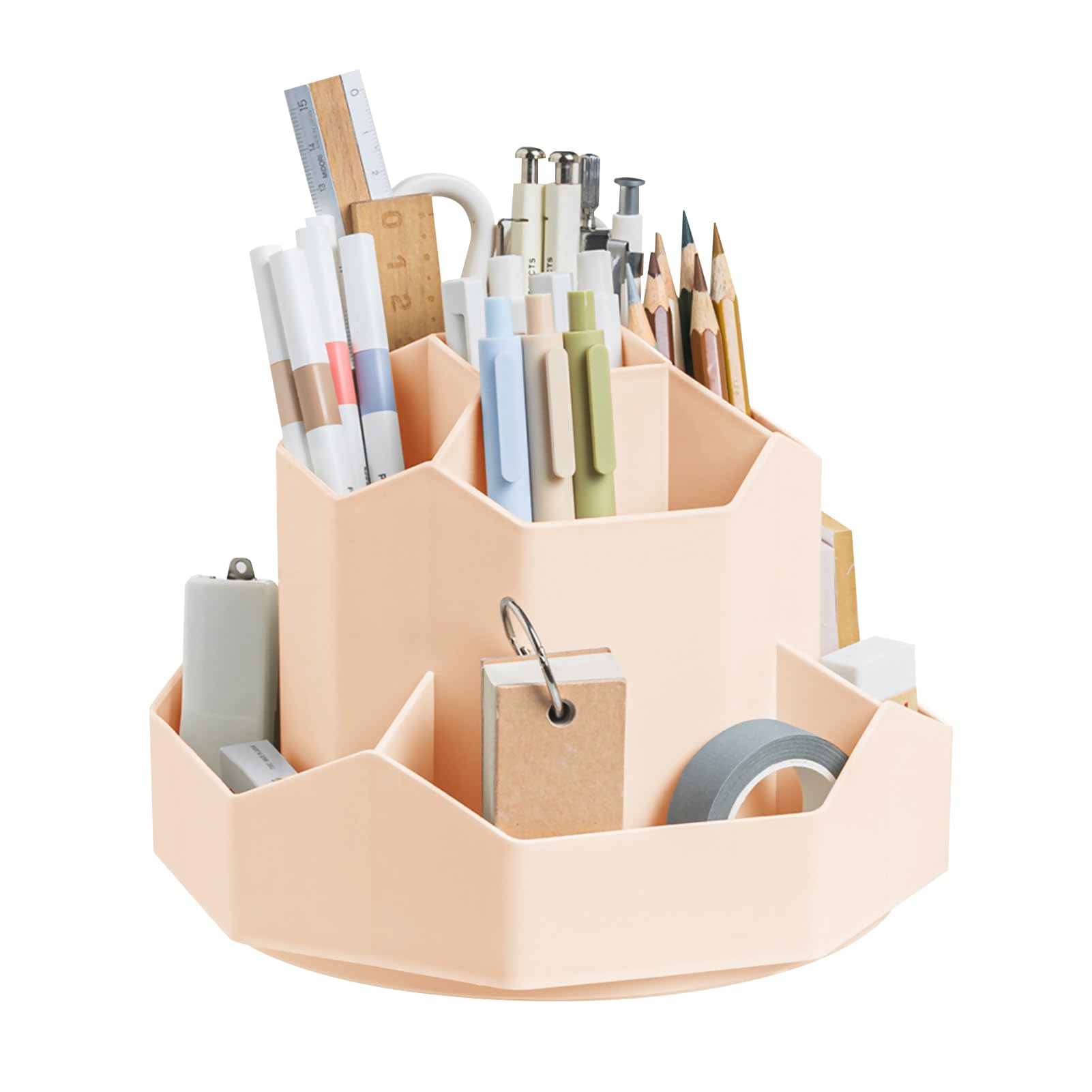 Beauenty Large Capacity Pen Holder, 360° Rotating Office Desktop Organizer, Stationery Memory with 9 Compartments, Brush Pot for All Kinds of Stationery (pink)