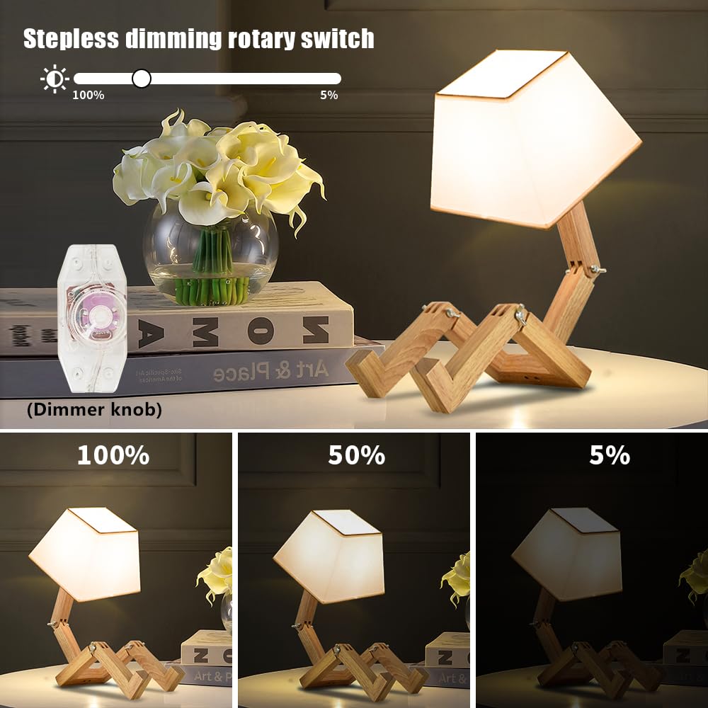 Cute Robot lampa biurkowa, lampki nocne, przyciemniane, kwadratowe abażur, światło nocne, z litego drewna Funky Lampa dla dzieci, do sypialni, gabinetu, do salonu