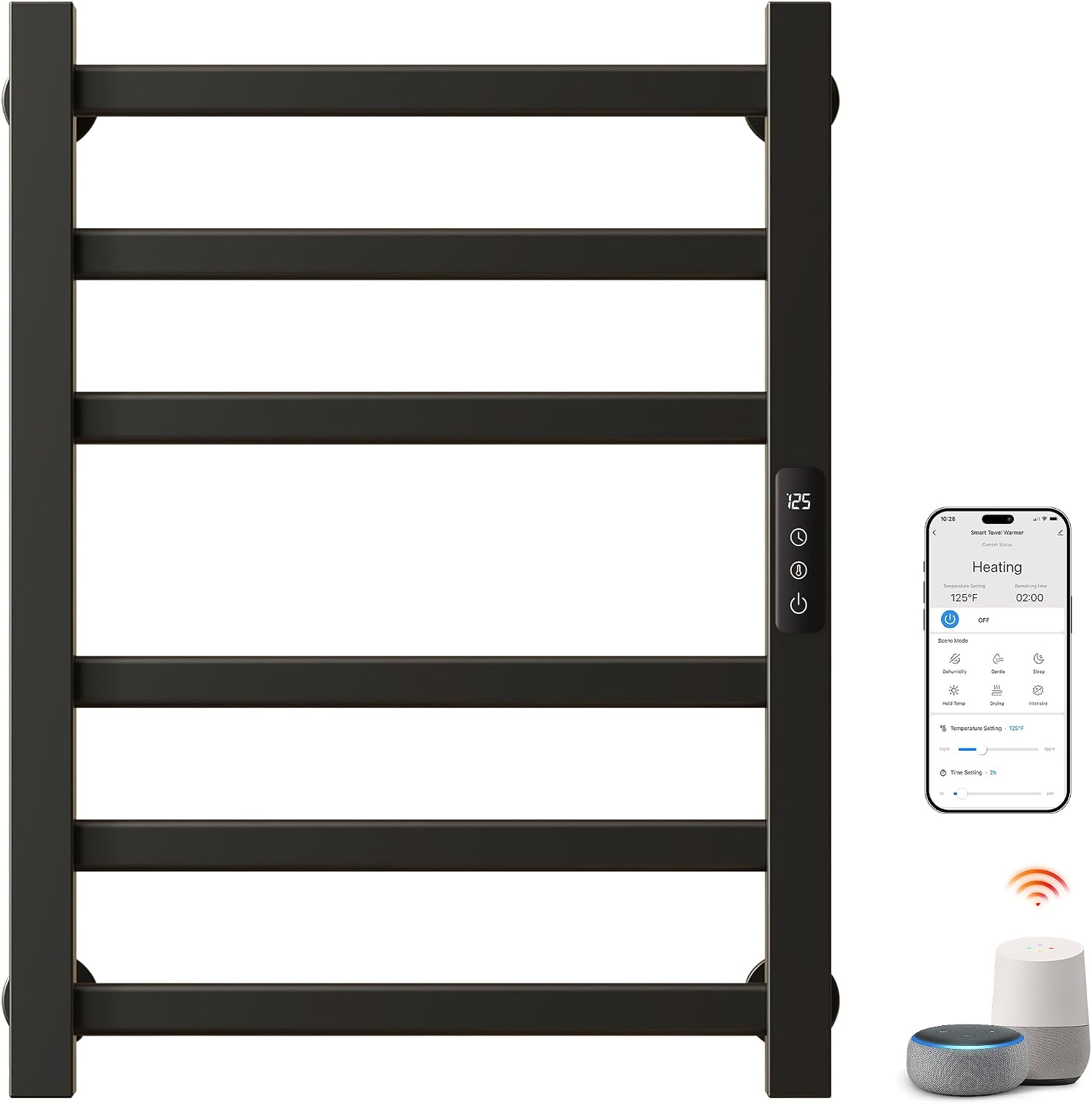 ENZE Smart Heated Towel Rack, 6-Bar Wall-Mounted, Matte Black
