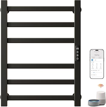 ENZE Smart Heated Towel Rack, 6-Bar Wall-Mounted, Matte Black | Wi-Fi App Control, Adjustable Temperature & 24H Timer, Low Carbon Steel, IPX5, Plug-in/Hardwired
