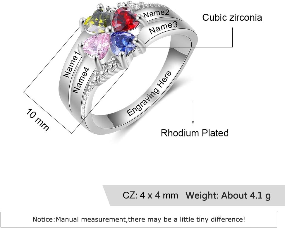 Love Jewelry Personalized Sterling Silver Mothers Rings with 4 Heart Simulated Birthstones Family Names Mom Rings Anniversary Mothers Day Rings for Women (7)