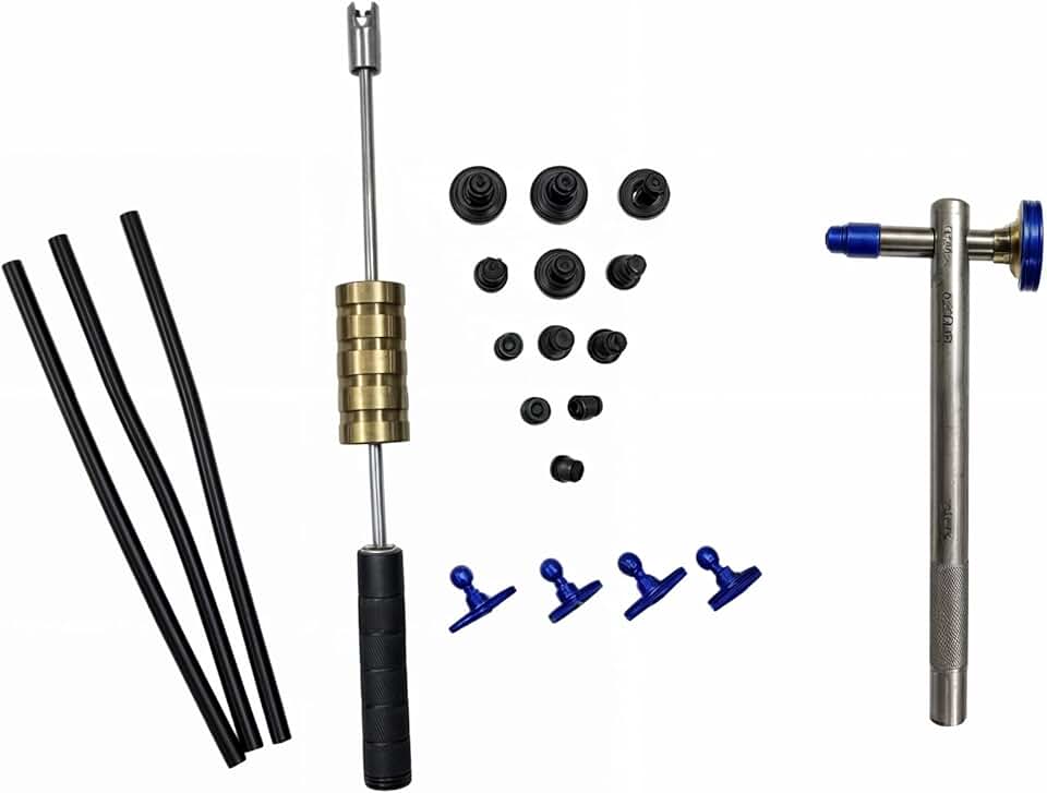 Repuxadeira Pesada Martelinho Ouro + Martelinho de Alumínio + Ventosas de Diversos Tamanhos + 3 Bastões de Cola de Brinde para Funilaria e Pintura Automotiva, Ferramenta Profissional e Durável