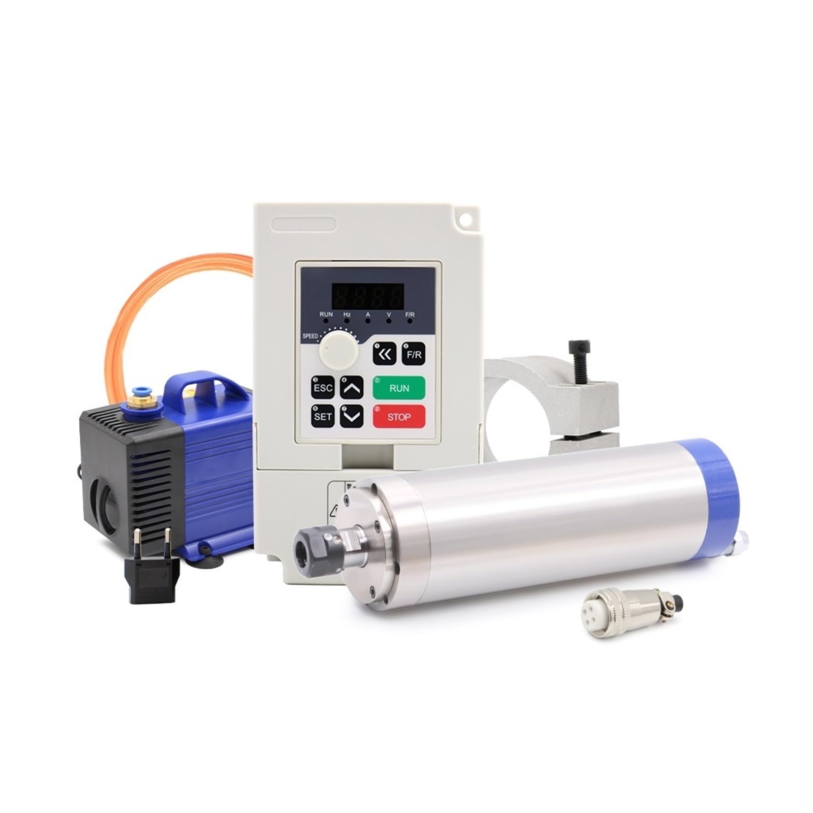 Zestawy silników wrzecionowych 1,5 kW ER16 D=65 mm/chłodzonych wodą oraz regulator prędkości silnika H100 i pompa wodna R o mocy 1,5 kW dla Automatyki Fabryki