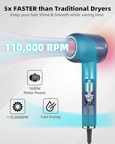 Miniatura 3 de Secador de pelo iónico con difusor para cabello rizado, secador de pelo con 2 accesorios magnéticos, secador de pelo portátil de 110.000 rpm, motor