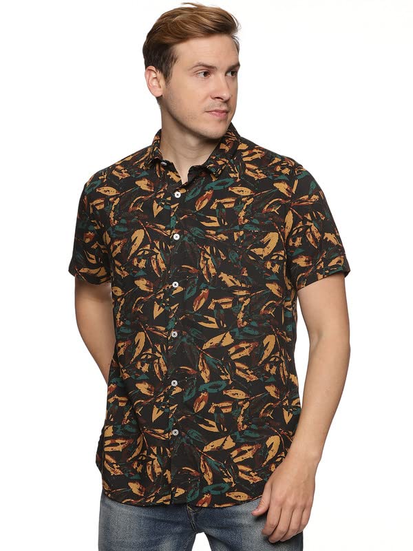 TusokElegant Men's Rayon Leafy Printed Half Sleeves Regular Fit Casual Shirt (Yellow Brown)
