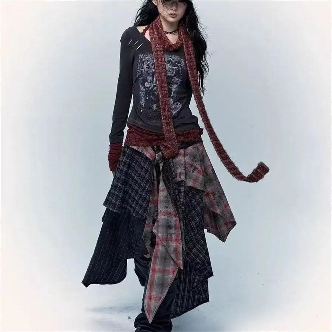 Women Irregular Cotton Patchwork Long Mid Length Vintage Clothes Skirt