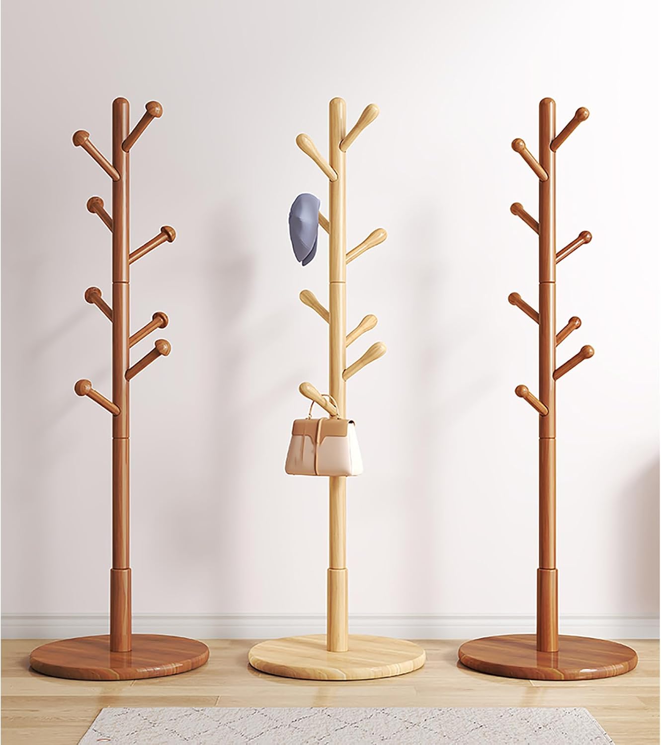 無垢材コートラックスタンド、8つのフック付きスタンド式コート＆帽子ハンガーオーガナイザーラック、寝室、廊下、玄関で衣類やバッグを掛け