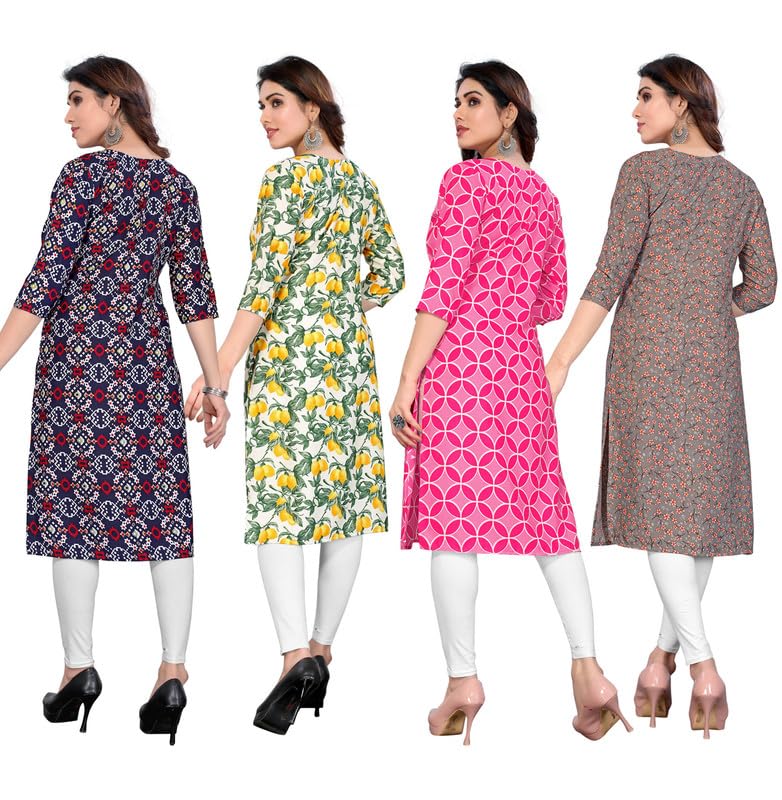Image of JAKHANA Women's Crepe Printed Casual Straight Calf Length Round Nick Kurta Pack of 4