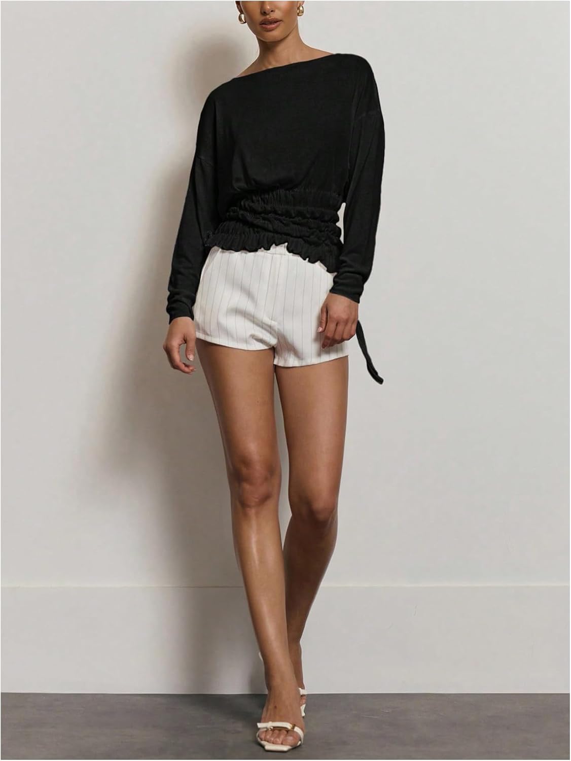 Verdusa Women's Shirred Cinched Waist Tops Long Sleeve Shirts Lightweight Loose Fit Boat Neck Tops Going Out - Image 3