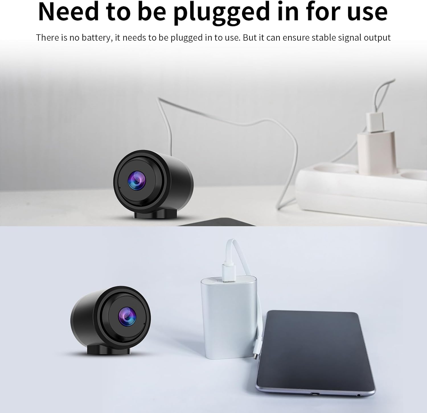 VSTARCAM Tiny WiFi Camera connected to a power outlet and a power bank