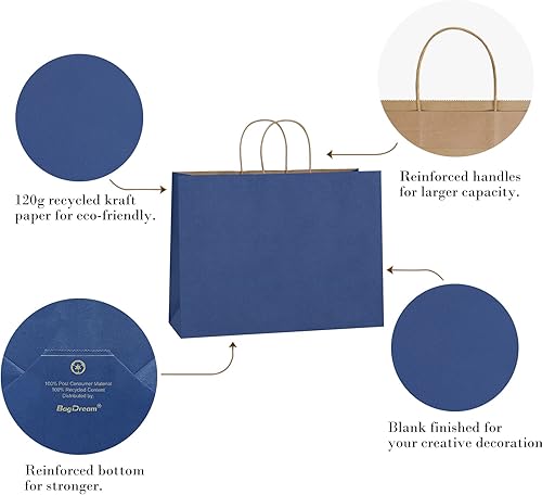 Miniatura 3 de BagDream Paquete de 25 bolsas de regalo de papel kraft de 16 x 6 x 12 pulgadas con asas bolsas de compras de papel azul marino bolsas de comestibles