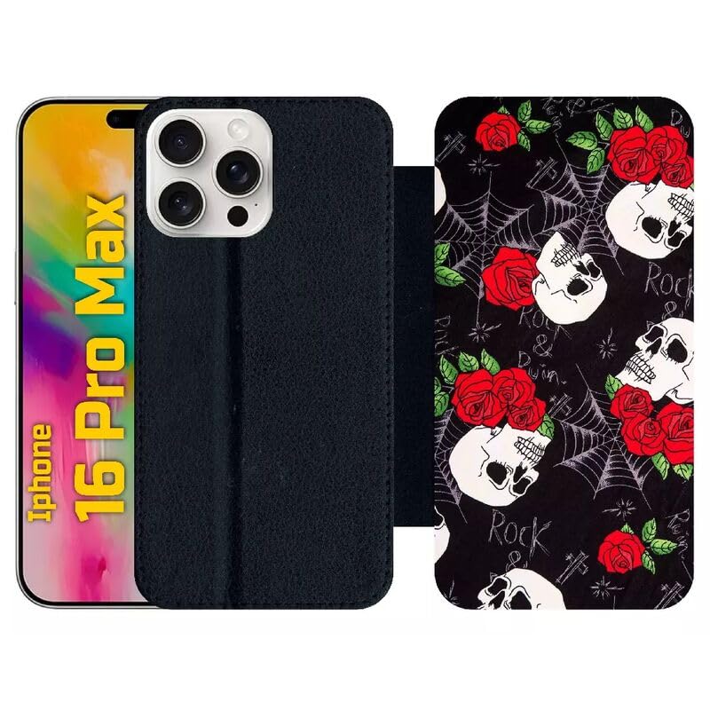 Coque iPhone 16 Pro Max à rabat avec protection simili-cuir et motif rock de tête de mort