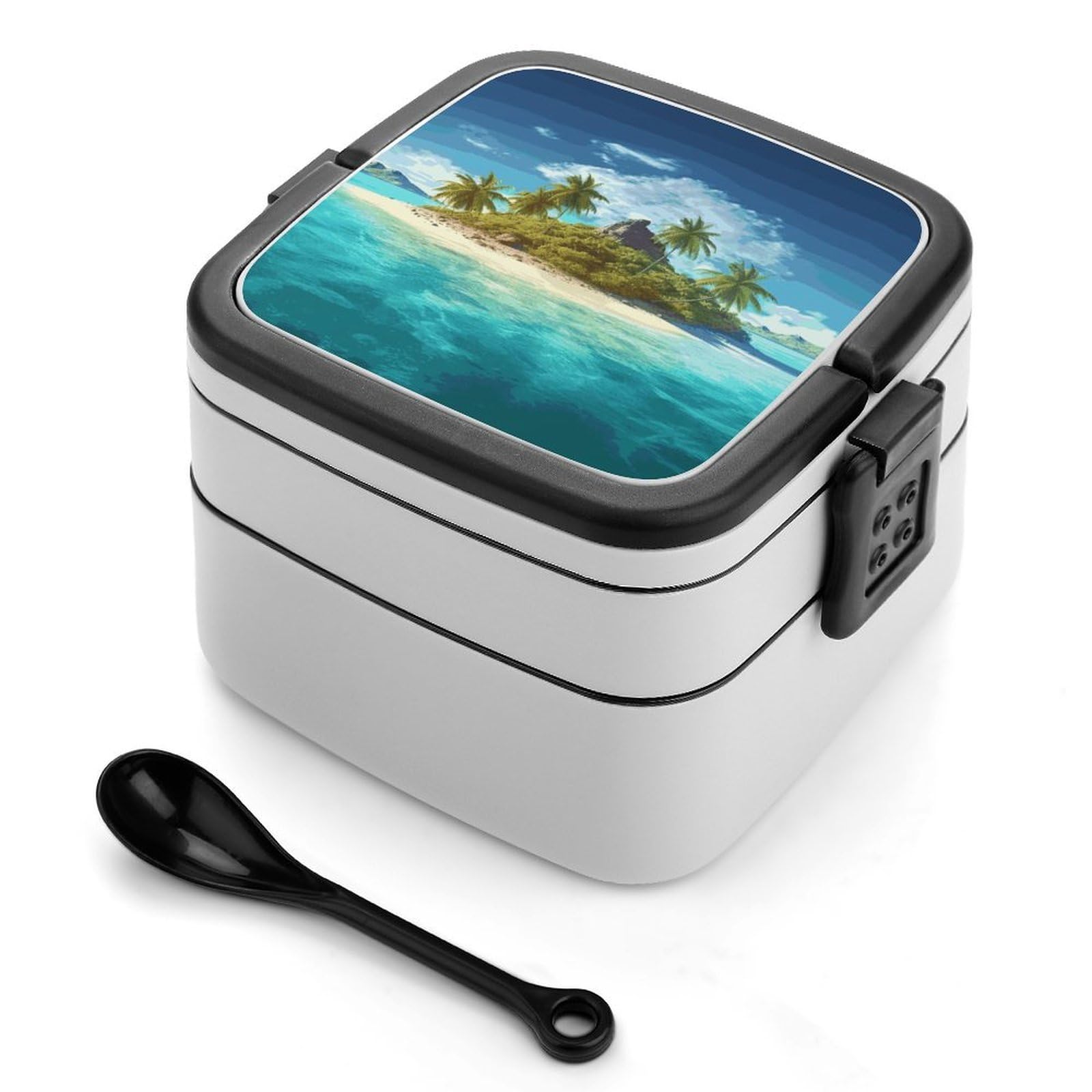 FekiLoot Tropical Island Bento Box Adult Lunch Box Sealed Bento Lunch Boxes with Spoon Sturdy Double Layer Bento Boxes Snap-on Design Leak Proof Lunch Containers Ideal for Work
