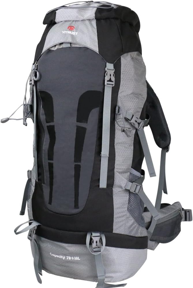 Huge Internal Frame Backpack Bag for Hiking Camping Travel Sports 70L+10L with Rain Cover (Black)