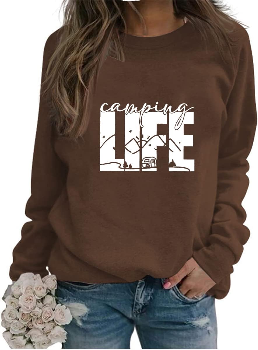 Camping Life Sweatshirts Womens Camper Gift Hiking Casual Crew Neck Long Sleeve Sweatshirts Relaxed Fit Pullovers Tops
