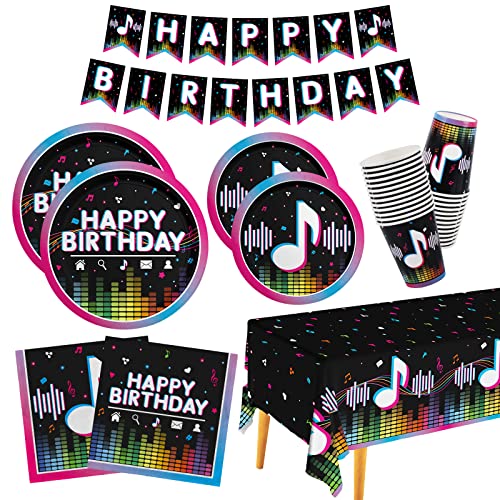 Music Party Supplies Disposable Paper Plates Napkins Cups Tablecloth and Banner for Girls Boys Music...
