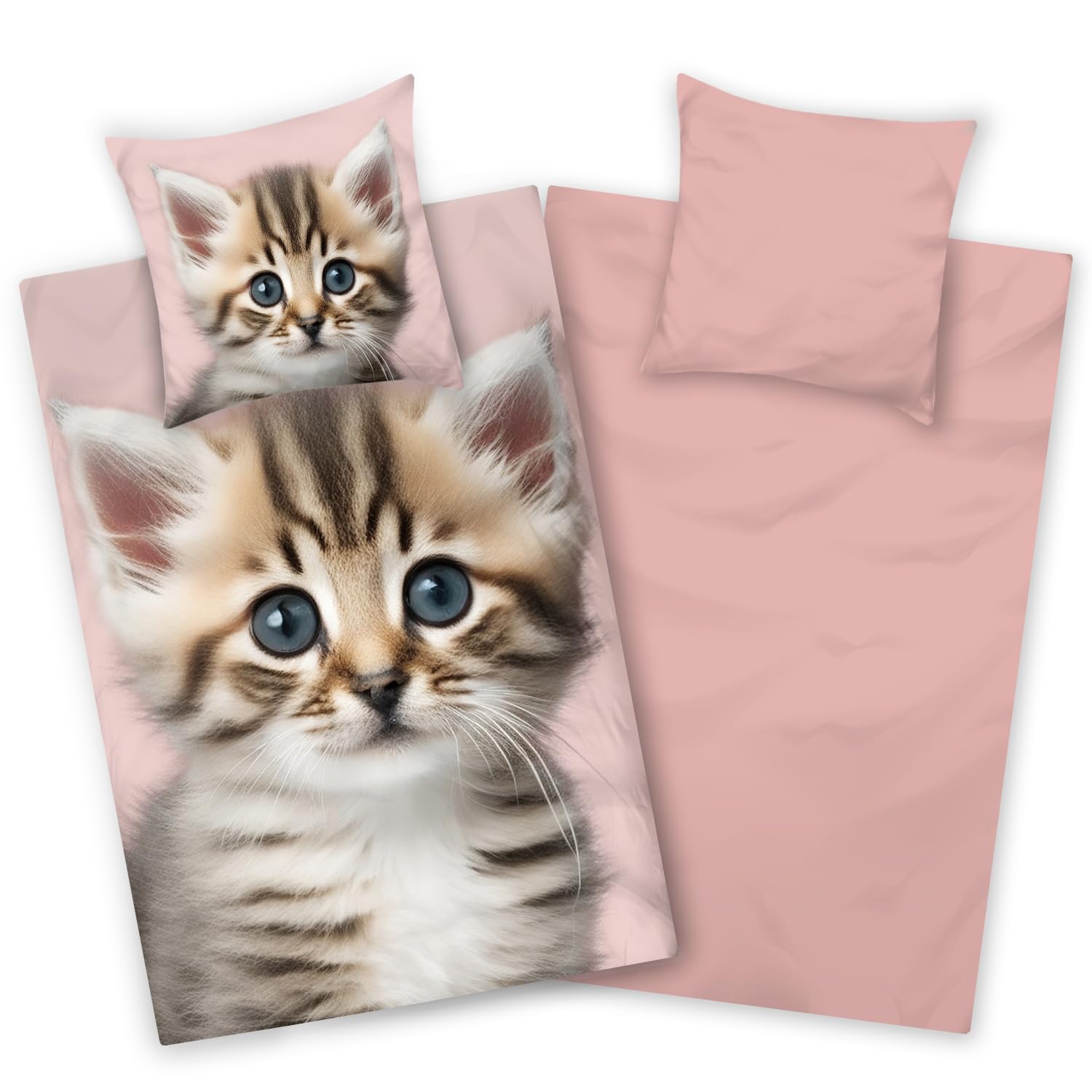 Aminata kids Katzen Bettwäsche 135x200 cm Biber Kinderbettwäsche Katzenmotiv Mädchen warm weich Winterbettwäsche 100% Baumwolle rosa