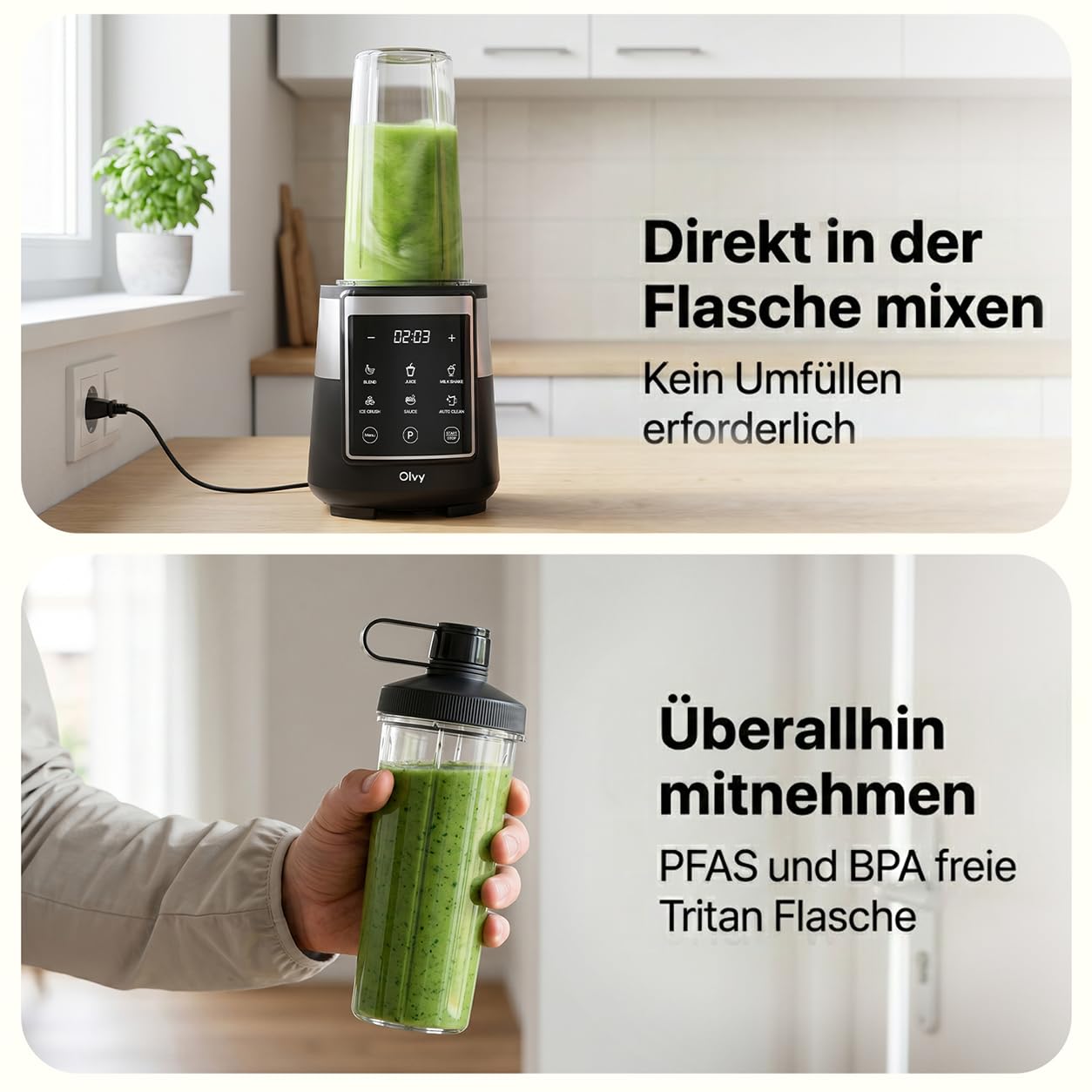Olvy Standmixer Smoothie Maker 1500ml Glas To-Go LED Timer 6 Klingen-Black