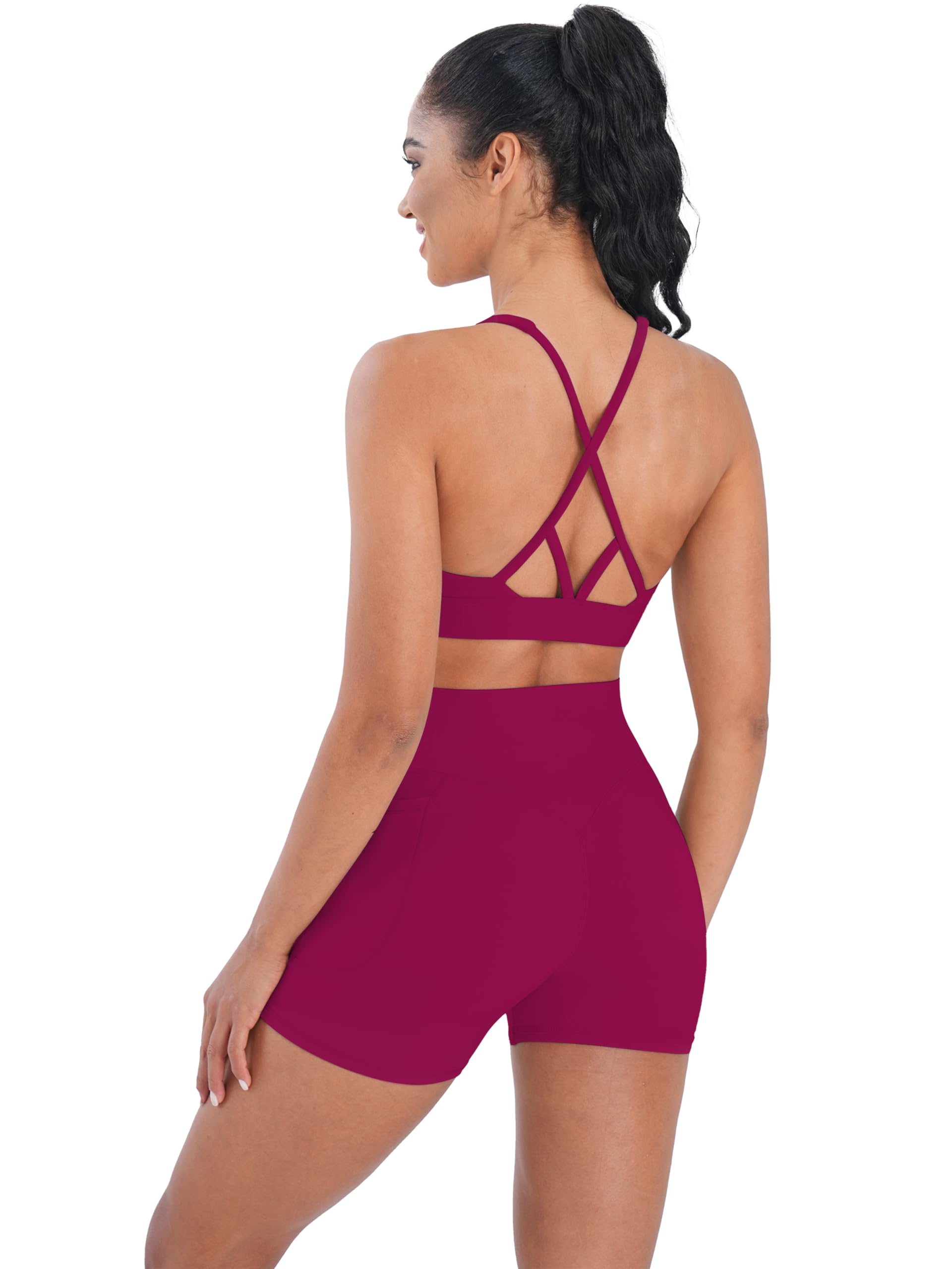 Sunzel V Neck Strappy Sports Bras for Women Criss Cross Back Halter Yoga Bra Removable Cups Padded Workout Running Gym Tops