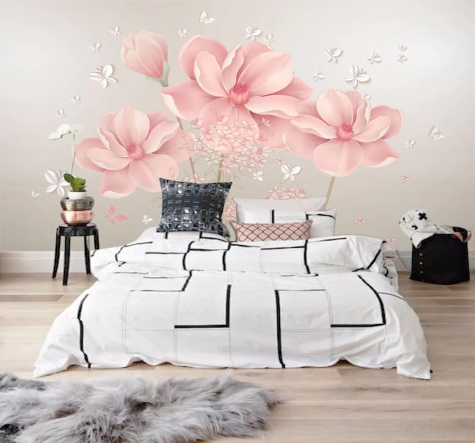 Wallpaper-3D-Xlm 250Cm×170Cm(B×H) Simple Exquisite Pink Flowers And Butterflies 3D Wallpaper Easy Install Feature Office Living Room Sofa Bedroom Tv Background Wall Decoration-250Cm×170Cm