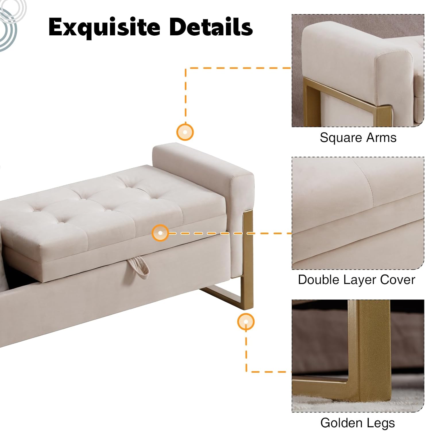 67" Storage Bench for Bedroom, King Size End of Bed Bench with Double Lids, Upholstered Storage Ottoman Bench with Golden Metal Legs, Bedroom Bench for Entryway, Beige