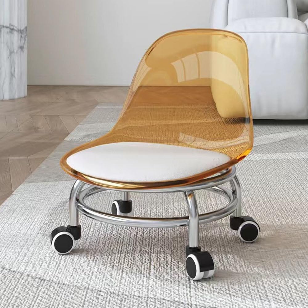 Low Rolling Stool,Metal Acrylic Roller Seat 360 Degree Rotating Wheels Rolling Stool with Back Support for Home Garden Massage Office Garage Shop Fitness Sport (Tawny One Size)