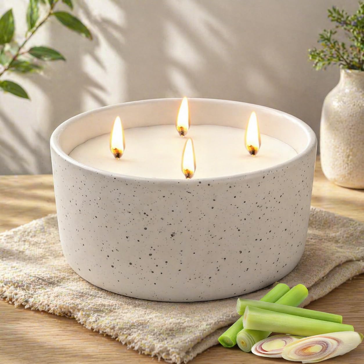 outdoor citronella candle, 22oz large 4-wick soy wax candle, up to 100 hours burn time, natural citronella oil, decorative ceramic jar for patio, backyard, garden & camping