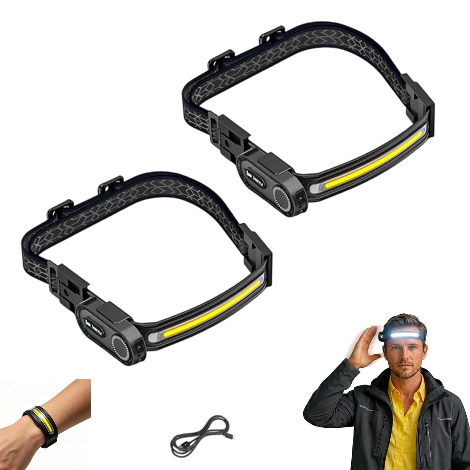 Smart Sensor Stirnlampe, Head Lamp, Stirnband, Armband 2 und 1, 230° Breiter Strahl & Type-C Laden, 7 Modi und Sensor Freihändige Outdoor-Lampe für Wandern Laufen und Angeln (2PC)