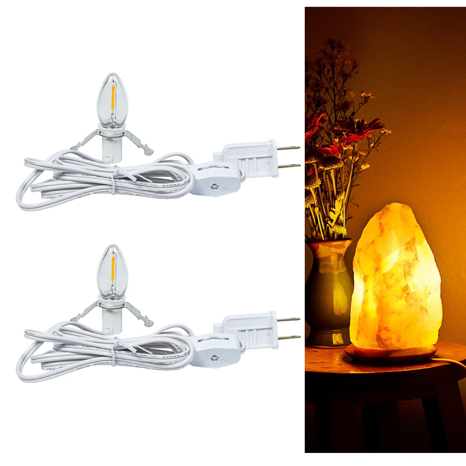 C7 Accessory Cord with 4 LED Night Light Bulb, Candelabra-Base E12 Socket White Cord with On/Off Switch Plugs, for Night Lights, Halloween Pumpkin, Blow Mold, Christmas Village House