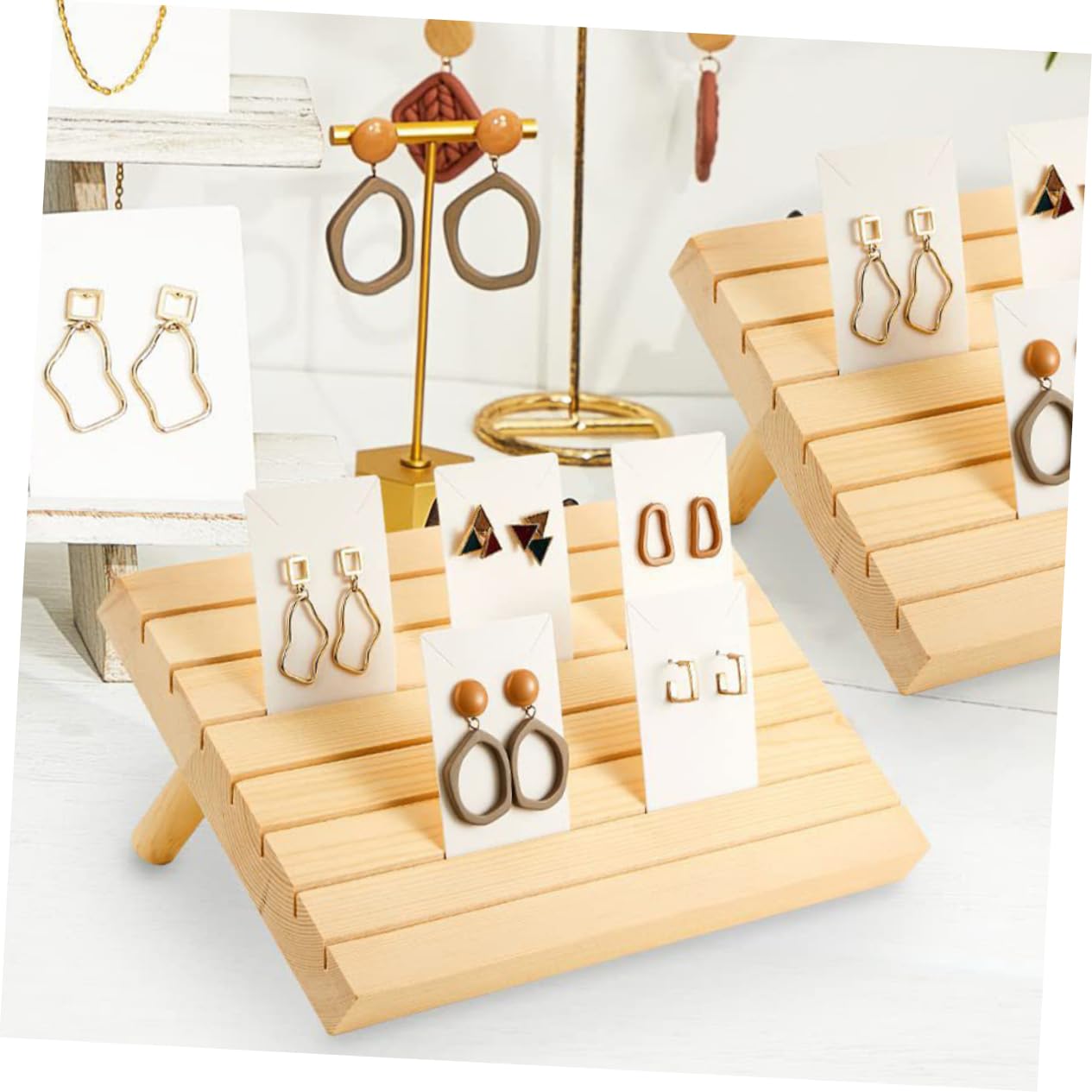 BESTYASH Espositore per Orecchini in Legno con Carte, Beige