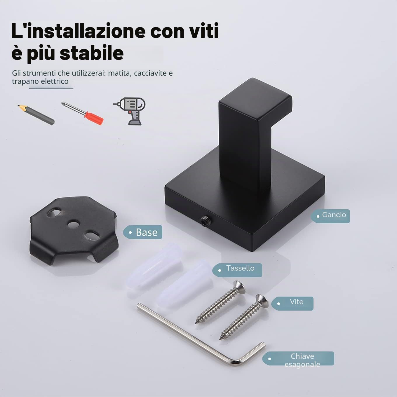 KOKOSIRI Gancio per asciugamano da bagno, da parete, quadrato, per accappatoio, bagno, cucina, garage, resistente, in acciaio inox SUS 304, confezione da 3 pezzi, nero opaco, B1010BK-P3