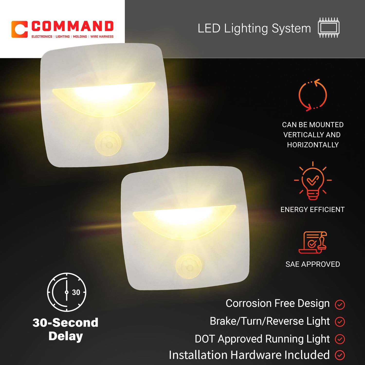 Command Electronics 12V LED Motion Activated Step Light - Surface Mount - Clear Lens - OEM RV Camper Bus Truck and Trailer - 2.5 x 2.5 x 1 Inch - Hardware & Connectors Included | White Frame (2 Pack)