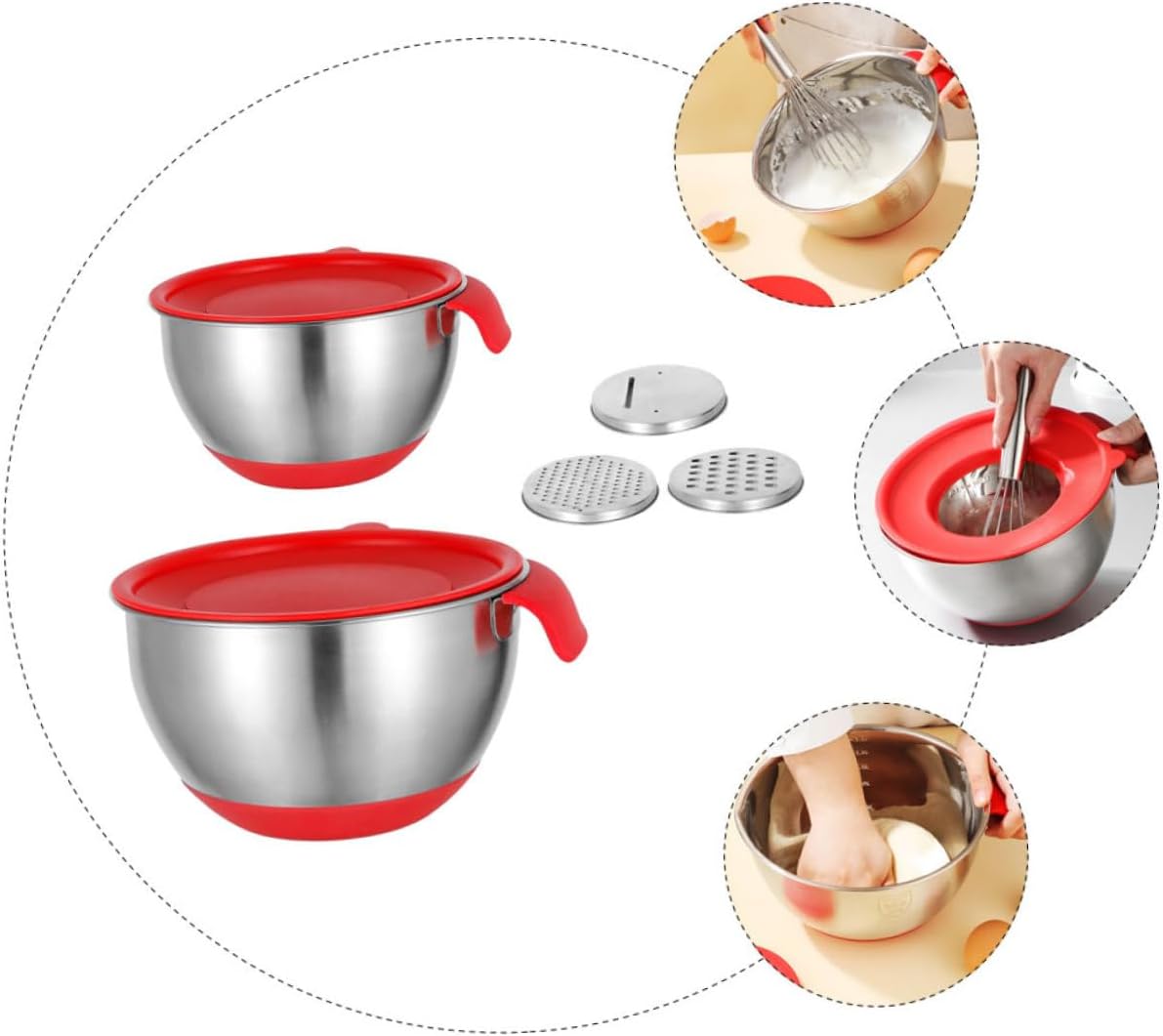 Stainless Steel Mixing Bowl with Red Handle Set, 18cm 20cm Diameter, Silicone Non-slip Base, Multi-function Kitchen Salad and Dough Bowl with 2 Lettered Lids and 3 Graters
