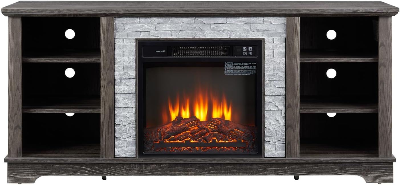 ZeHuoGe 18" Electric Fireplace Stone TV Media Stand,Modern Entertainment Console with Faux Stacked Stone Surround,TV Console with Open Storage Space,Fireplace TV Stand for 65 Inch TV (Grey, 58.3" W)