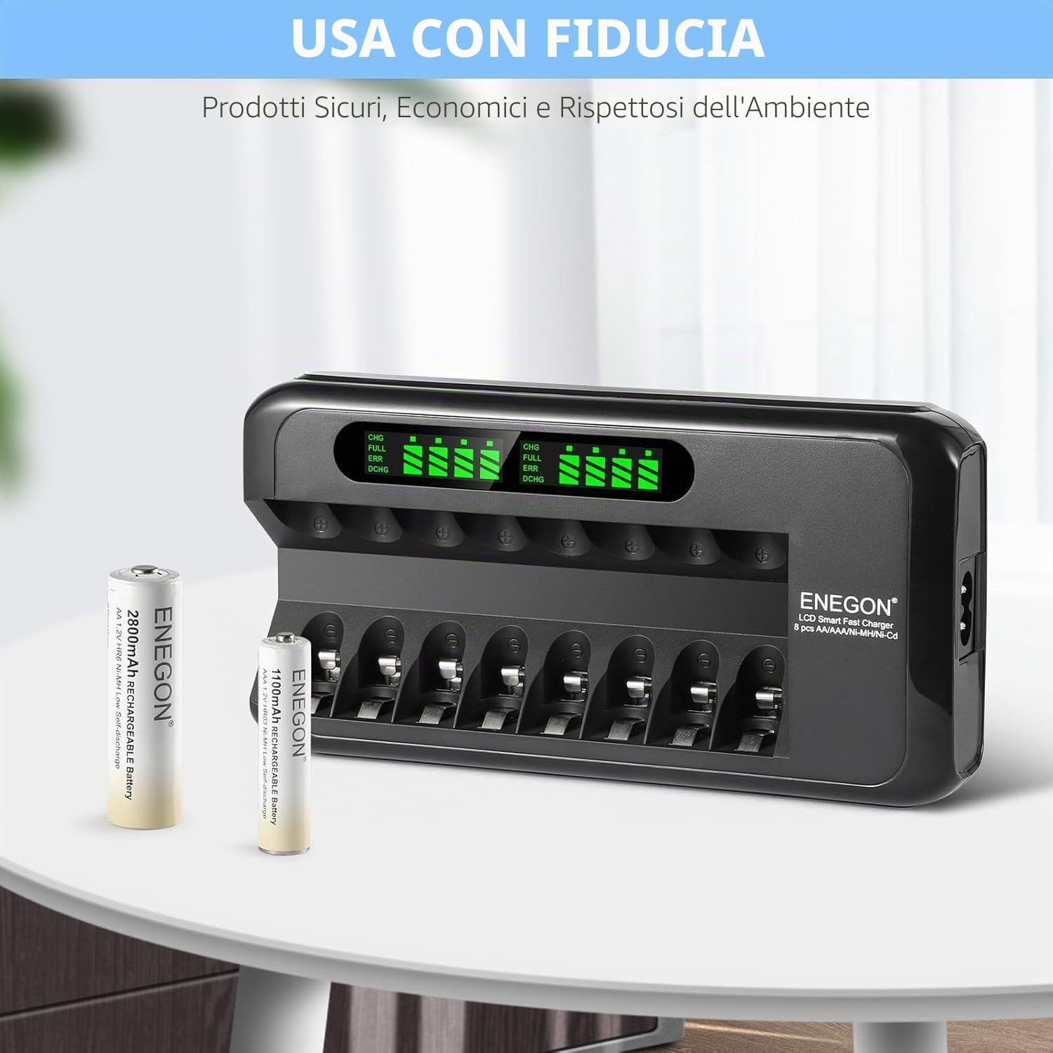 ENEGON Caricabatterie Rapido Intelligente per Batterie Ricaricabili AA AAA Ni-MH Ni-CD con Display LCD, 8 Slot Indipendenti, Protezione e Alimentatore 100-240V