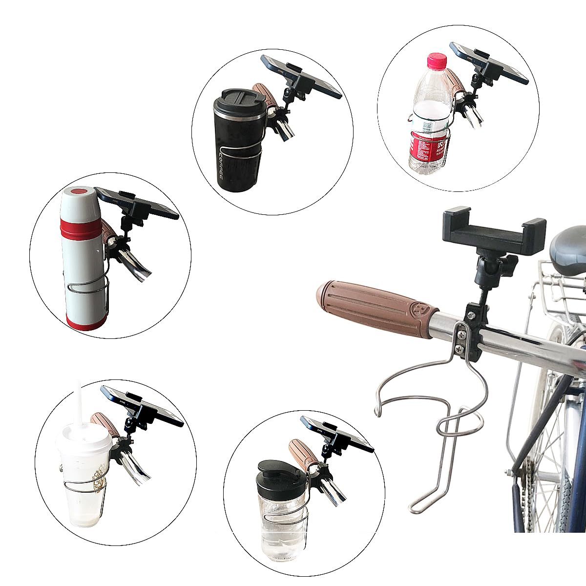 SUNNANDAEG Bike Cup Holder with Phone Holder Stainless Steel Bicycle Cup Holder with Cellphone Holder for Handlebar 22.2mm Handmade Cup and Phone Holder for Chrictmas Gift Bike Accessories