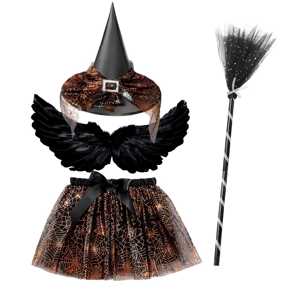 Witch Costume for Kids 3PCS Halloween TuTu Skirt Suit Costumes Set including Witch Hat and Broom Magic Fancy Dress Cosplay Outfit Accessories for Halloween Carnival Party Dress up Cosplay (Orange)