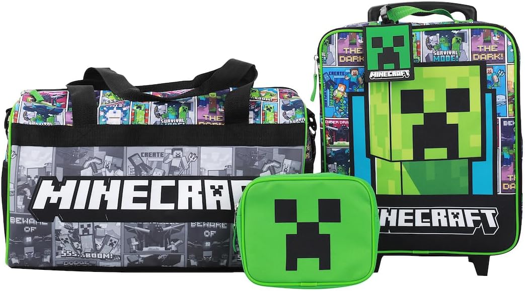 Minecraft Creeper Youth 4-Piece Travel Set-14 Carry-on Duffle Bag and Luggage Tag Set