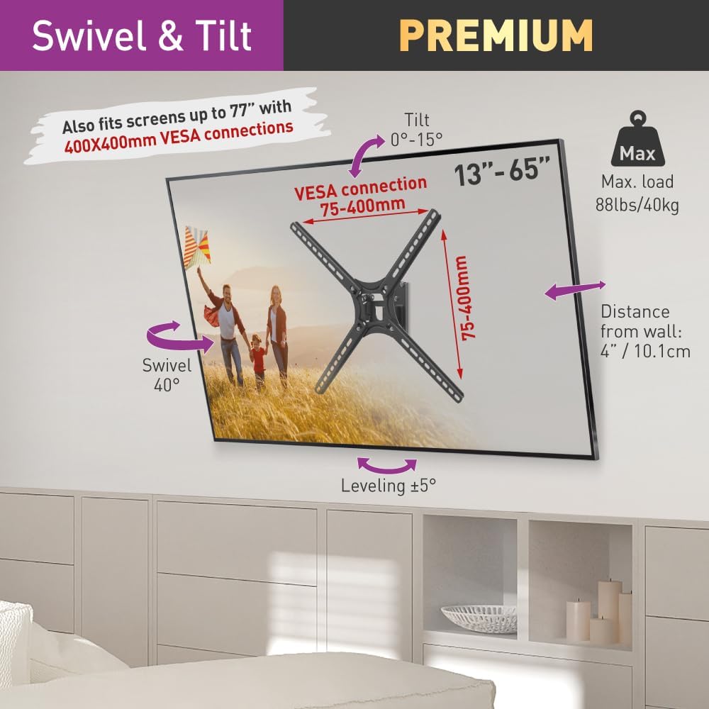 Barkan BM320 Swivel & Tilt TV Wall Mount showing dimensions and features