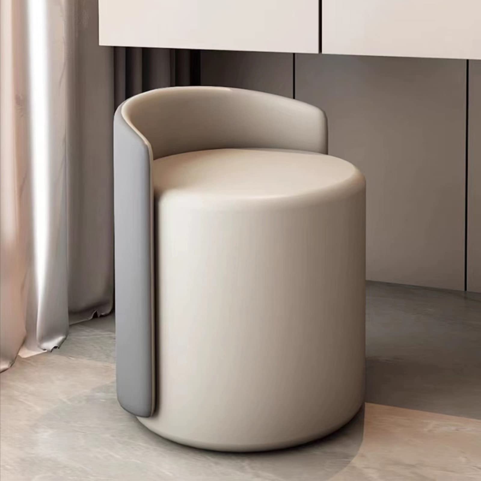 Pouf en velours rond gris et blanc avec piètement en métal doré pour salon