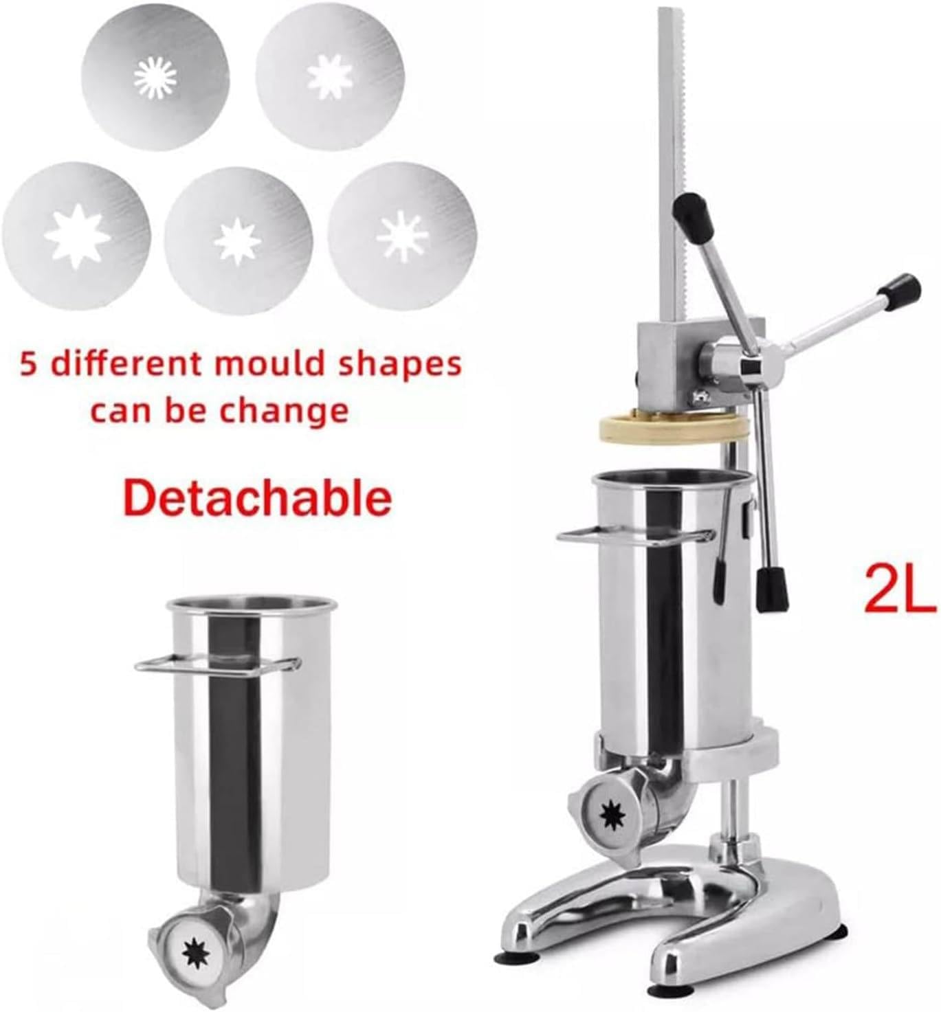 Machine à Churro Espagnole Verticale Commerciale, 2 en 1 Manuelle, Machine de Remplissage de Saucisses Verticale, en Acier Inoxydable, Machine à Saucisses pour Restaurant/HôTel/Maison,2L