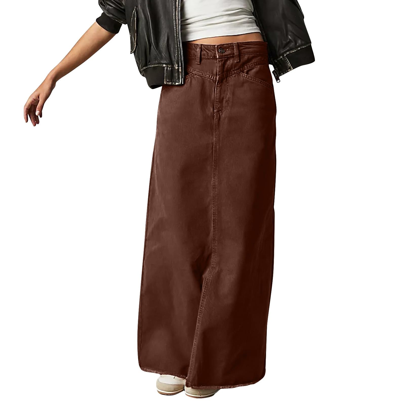 Jean Skirts for Women Denim Long Ankle Maxi Stretch Corduroy A-Line Flare Trendy Skirt with Pockets Panel Skirt