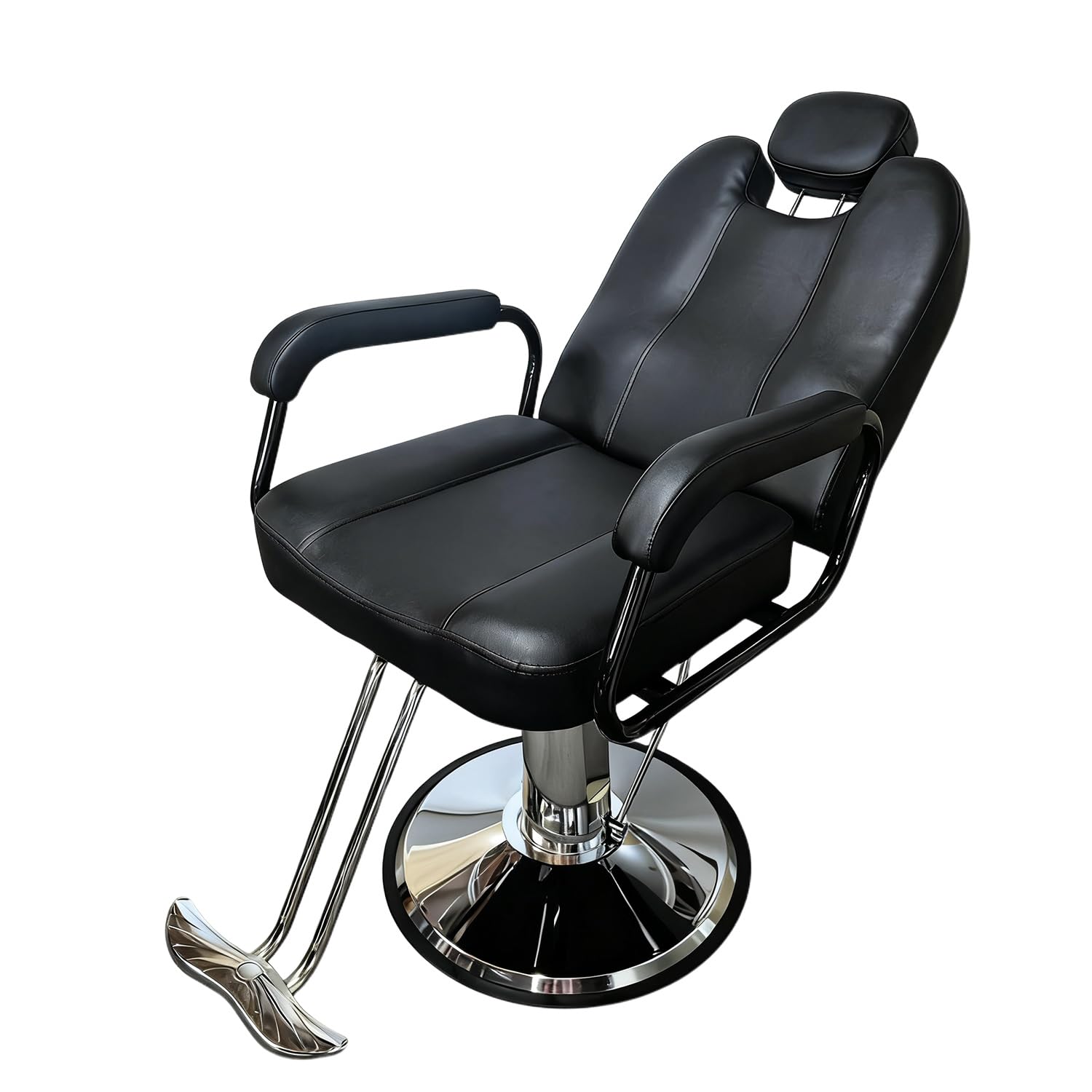Barber Chair for Hair Stylist with Heavy Duty Hydraulic Pump, Adjustable Height, 135° Reclining Backrest, 360° Swivel, Chrome Base, Black Leather