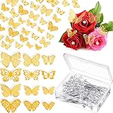 148 Pcs Bouquet Corsages Pins for Flower and 3D Gold Butterfly Wall Decor Set Flower Diamond Pins Pearl Pin Heads Butterfly Decal Floral Arrangements Accessories for Mother's Day Wedding Party